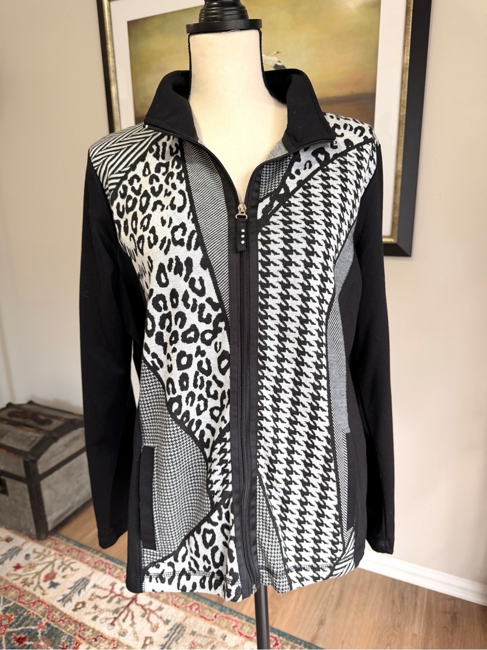 ONQUE Casuals Mixed Print Zip Jacket Leopard Houndstooth Black White - Picture 2 of 7